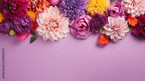 vibrant valentine's day flowers flat lay arrangement on a gorgeous violet background with copy space 