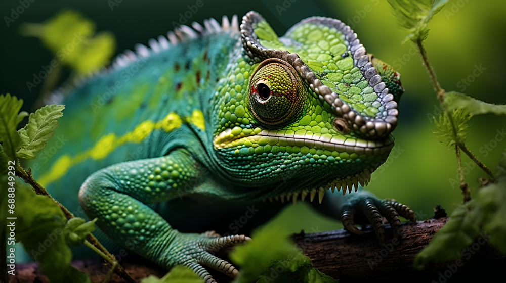 Fototapeta premium Vibrant Green Chameleon Among Leaves on a Dark Background