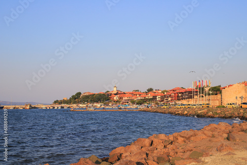 Coast of the old town of Nessebar at sunset