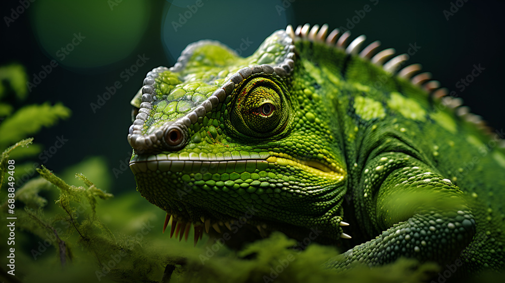 Close Up of Green Chameleon Showcasing Textured Skin and Watchful Eye Close Up of Green Chameleon Showcasing Textured Skin and Watchful Eye