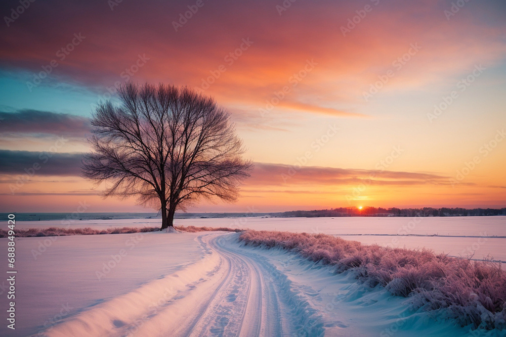 Beautiful winter sunset with colorful sky