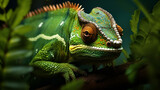 A close-up view reveals a green-colored chameleon in its natural habitat, blending seamlessly with the lush surroundings and showcasing its remarkable camouflage abilities. AI Generated., Chameleon i
