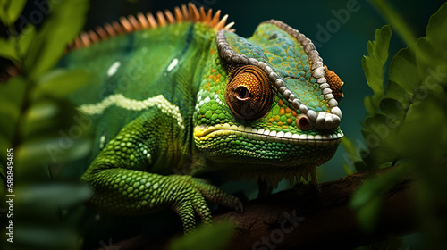 A close-up view reveals a green-colored chameleon in its natural habitat  blending seamlessly with the lush surroundings and showcasing its remarkable camouflage abilities. AI Generated.  Chameleon i 