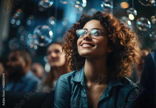 Portrait of cheerful girl in night club