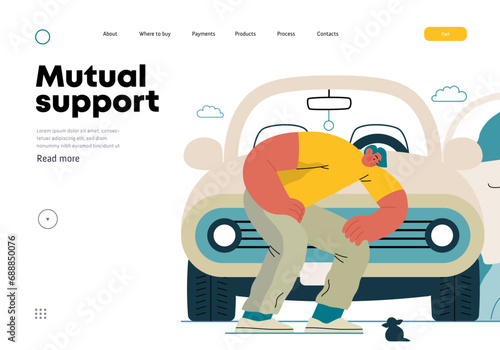 Mutual Support: Adopting a stray animal -modern flat vector concept illustration of man stopping his car for a kitten on the road A metaphor of voluntary, collaborative exchanges of resource, services