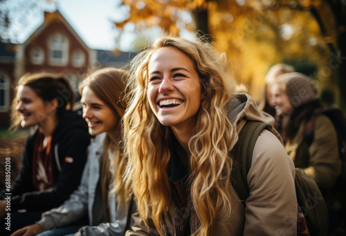 Teenage girl talks and smiling with her friends