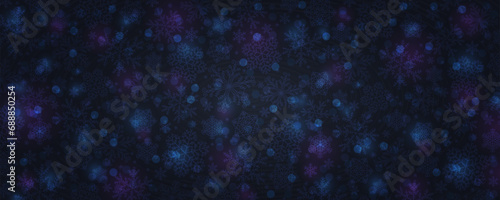 Dark Blue Christmas banner with snowflakes and bokeh. Merry Christmas and Happy New Year greeting banner. Horizontal new year background, headers, posters, cards, website. Vector illustration