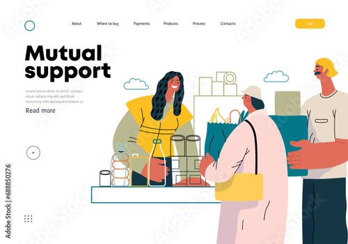 Mutual Support: Bringing groceries to food bank -modern flat vector concept illustration of people donating food to food pantry A metaphor of voluntary, collaborative exchanges of resource, services