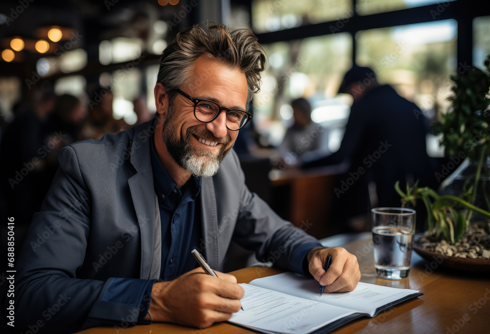 Businessman drinking coffee and writing notes Businessman drinking coffee and writing notes