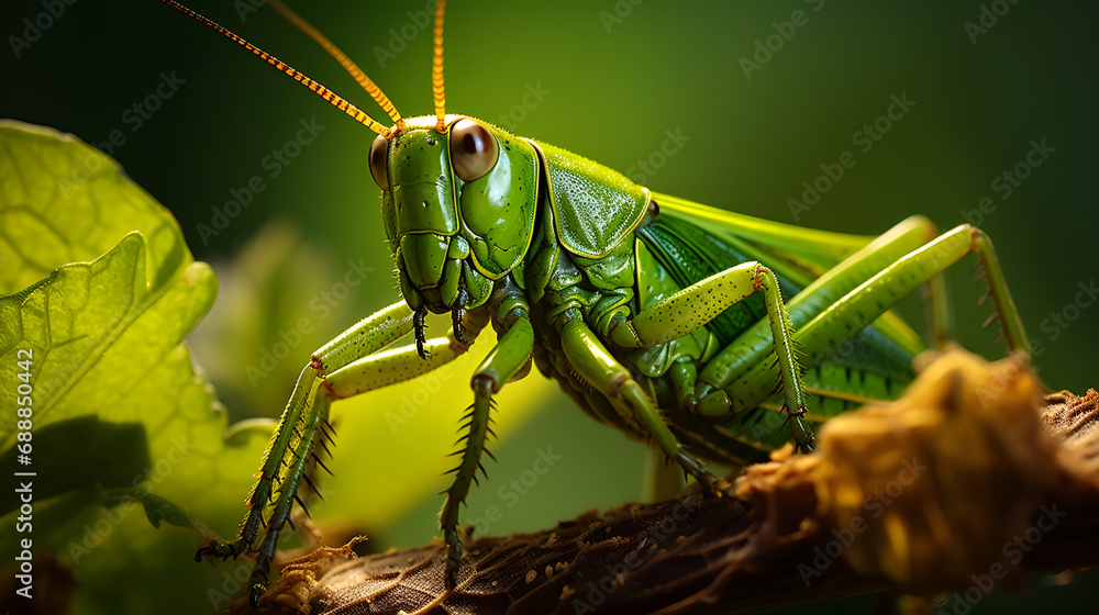 Vibrant Green Grasshopper on a Branch Surrounded by Leaves Vibrant Green Grasshopper on a Branch Surrounded by Leaves