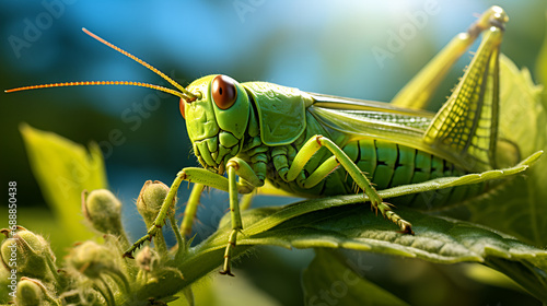 A young grasshopper is resting on a leaf., green grasshopper on stone back ground, big green grasshopper on green leaf, A close-up photograph of a praying mantis perched on a branch.      © Muhammad