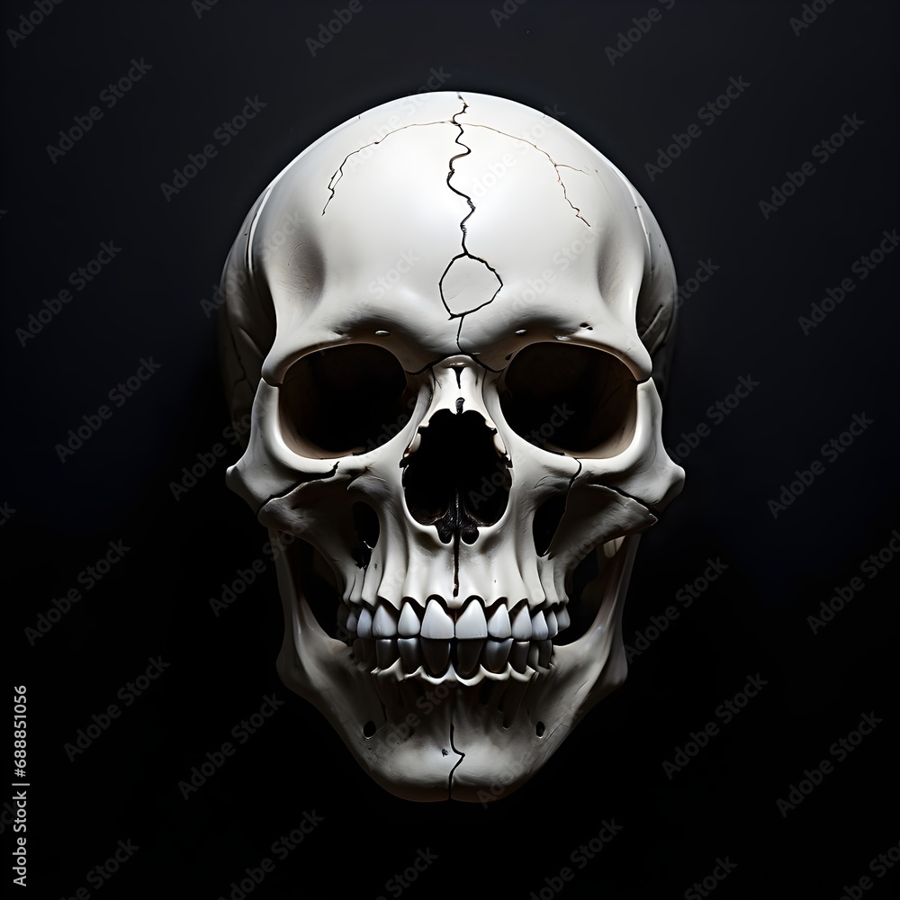 Fototapeta premium Anatomical human skull on black background, realistic white bone cranium with cinematic lighting, macabre gothic medical illustration