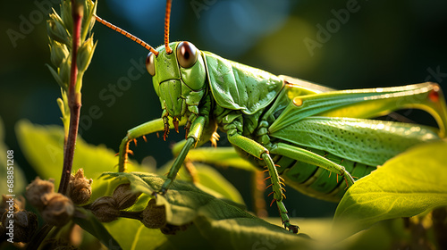 Detail of the front of the grasshopper's hull. Green-brown background with bokeh. Macro., grasshopper green - tettigonia viridissima, A small green grasshopper sits on the needles of a spruce branch