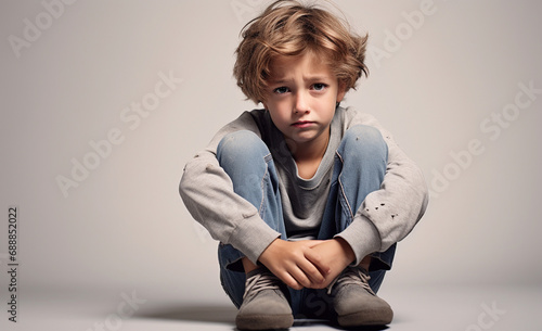 Young kid over grunge grey wall depressed and worry for distress, crying angry and afraid. Sad expression
