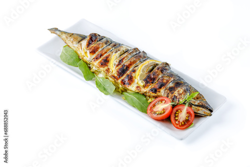 fresh appetizing fried mackerel on white background for food delivery website 1