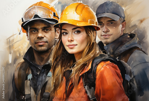 Group of workers looks at camera
