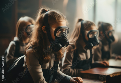 Group of girls wear gas masks in classroom photo