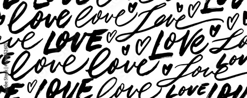 Abstract seamless banner pattern with words 'love' and hearts. photo