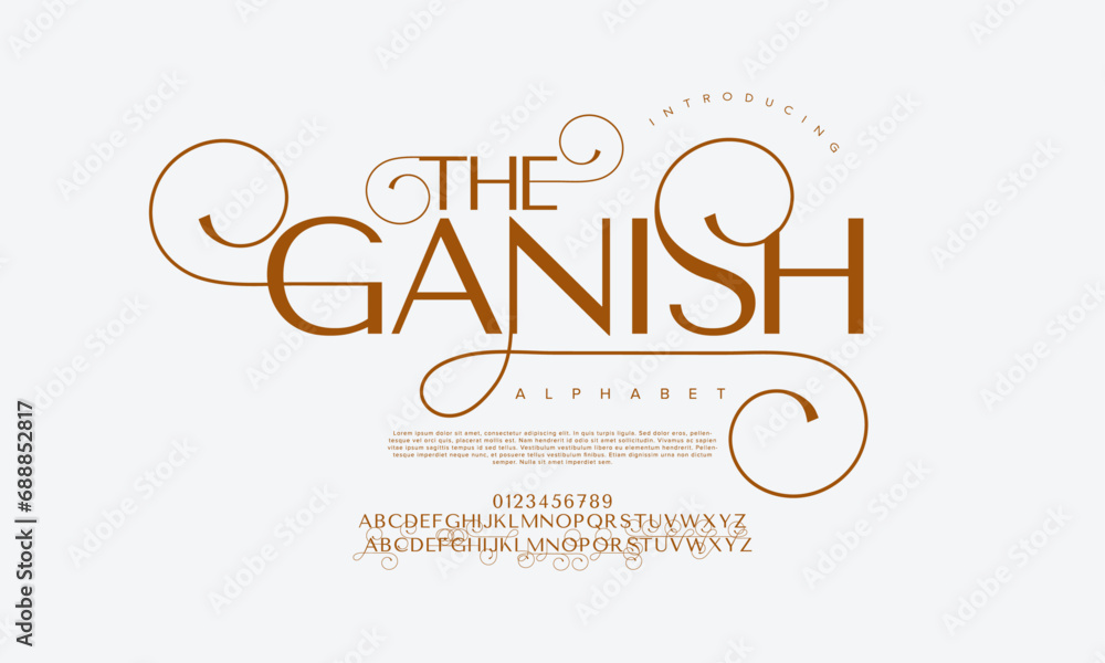 Theganish premium luxury elegant alphabet letters and numbers. Elegant wedding typography classic serif font decorative vintage retro. Creative vector illustration