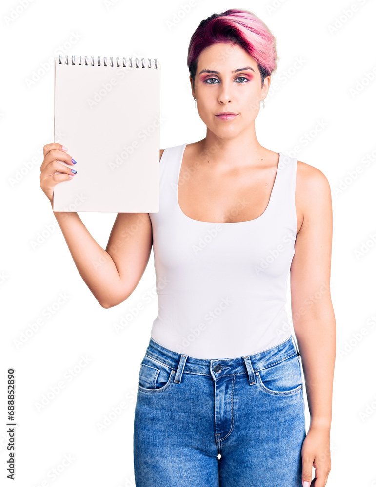 Young beautiful woman with pink hair holding notebook thinking attitude and sober expression looking self confident Young beautiful woman with pink hair holding notebook thinking attitude and sober expression looking self confident
