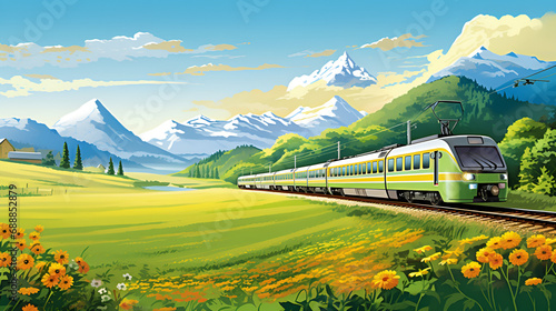The train through the beautiful countryside of Taitung, Taiwan., A cog wheel train travels on famous Jungfrau Railway from Kleine Scheidegg to Jungfraujoch station ( top of Europe ) on a green grassy 