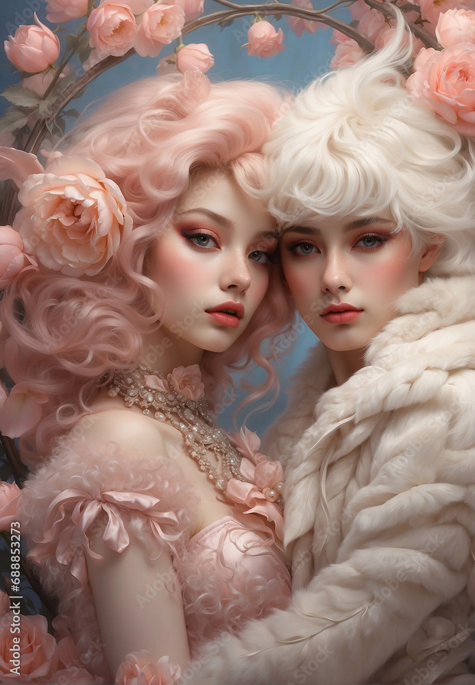 Fototapeta premium two girls hugging, in pink colors, on the background of an arch of flowers