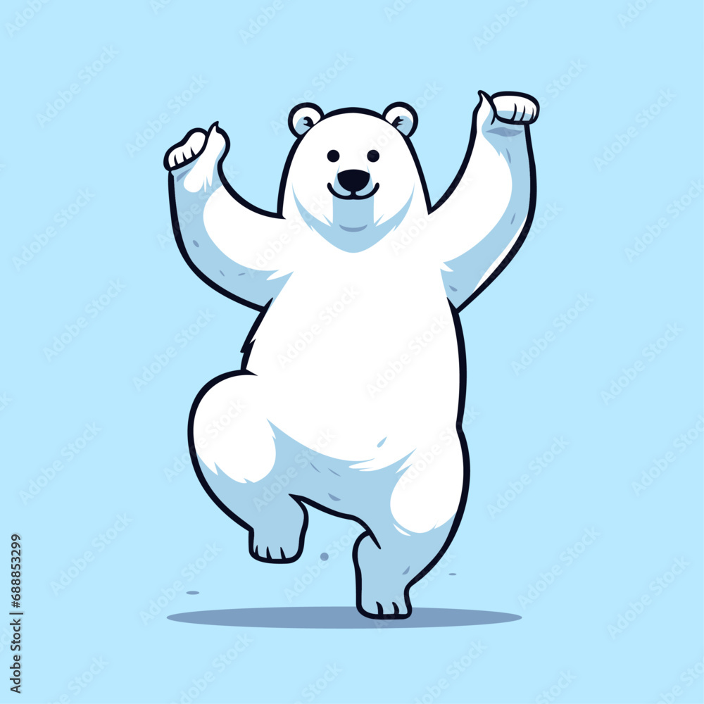 happy White Polar Bear Standing Tall on its legs, dancing with his arms up, cartoon mascot, logo vector design.