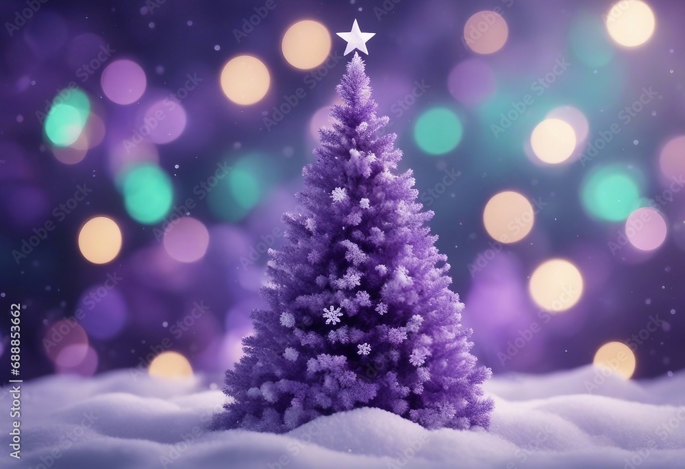 Christmas tree generative with purple decoration snow and a winter background with copy space