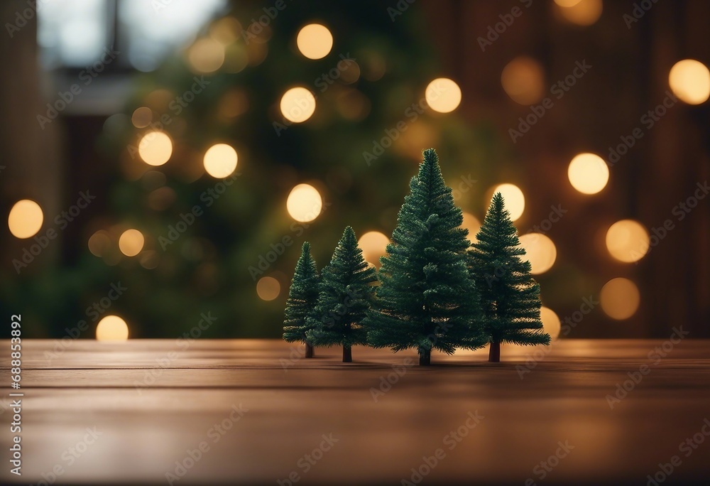 Miniature Christmas trees on a wooden table Christmas trees in the background copy space