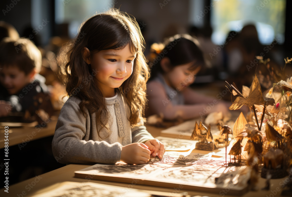 Fototapeta premium White preschool girl in kindergarten