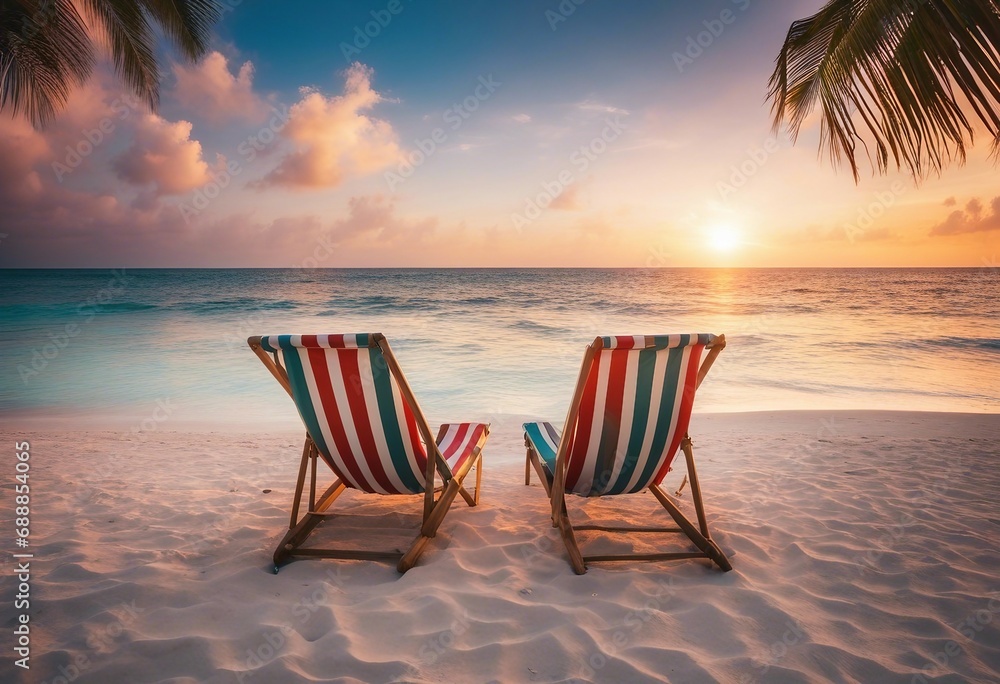 Tropical Beach - Deckchairs With Palm Tree On Coral Sand Beach - Glittering Light Effects