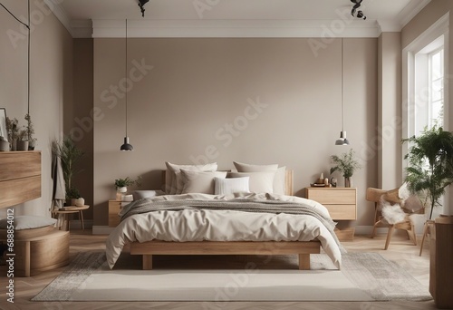 Scandinavian style bedroom mockup with natural wood furniture and a beige color scheme