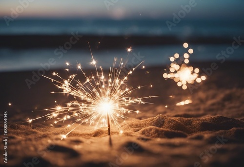 Sparklers at the beach for New Year or Valentine's party with copy space
