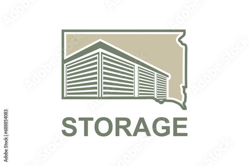 Illustration logo of a storage warehouse building, with an outline of a map of the state of South Dakota