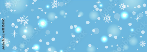 Christmas snowfall, festive mood, snow and swirling snowflakes on wide blue background. New year illustration with snowflakes. Vector illustration