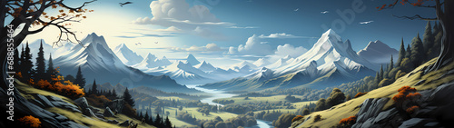 "Image of mountainous landscape, countryside, mountain range, illustration of mountains and snow."
