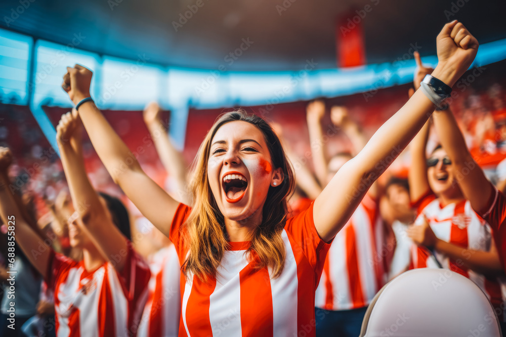 Football fan crowd cheering and supporting favourite soccer team on the stadium. World cup event. Woman at soccer match. Final win.