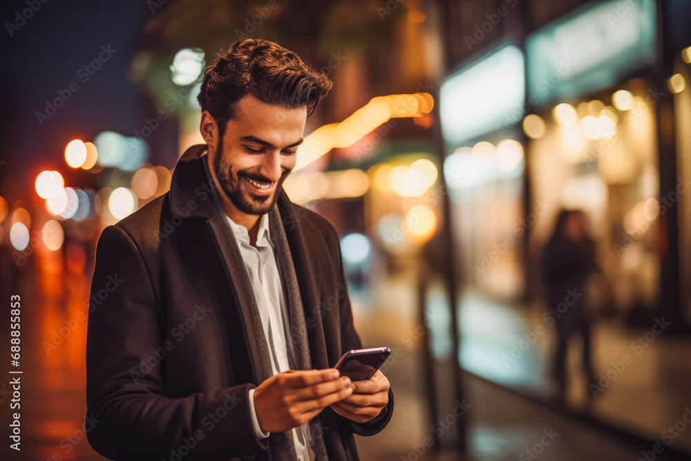 Handsome young man texting and using on his mobile smartphone and smiling outside on a city street. blurry background. late in the night evening.
