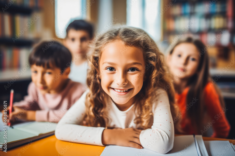 Elementary school group of children studying in the classroom. learning and sitting at the desk. Young cute kids, girls and boys smiling. Elementary school group of children studying in the classroom. learning and sitting at the desk. Young cute kids, girls and boys smiling.