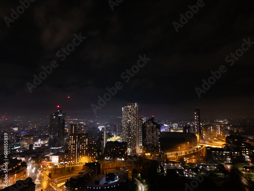 Aerial Night Shot of the Centre of Leeds, West Yorkshire, UK