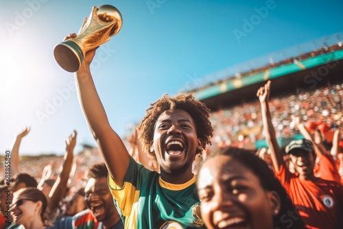 Football fan crowd cheering and supporting favourite soccer team on the stadium. World cup event. Man at soccer match. Final win. Holding trophy.
