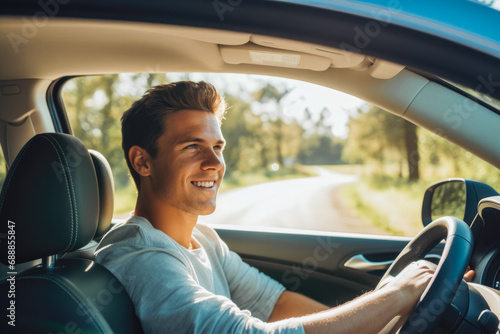 Young man driving a car on a highway. beautiful nature outside of the window. traveling by car across the country. holding the steering wheel. © VisualProduction