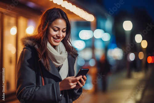 A handsome young woman texting and using on his mobile smartphone and smiling outside on a city street. blurry background. late in the night evening.