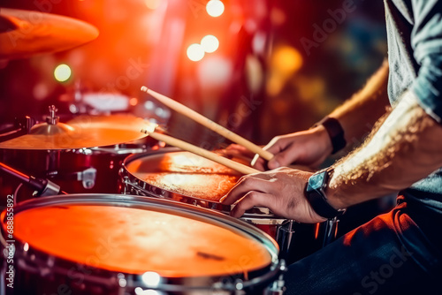 Closeup photo of male hands of a person playing the drums with sticks. Bokeh lights in the background. Playing music instrument in the band studio.