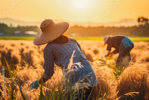 Asian farmer workers working at rice farm fields and harvesting rice. Vintage clothing with straw hats. Beautiful sunrise in morning.