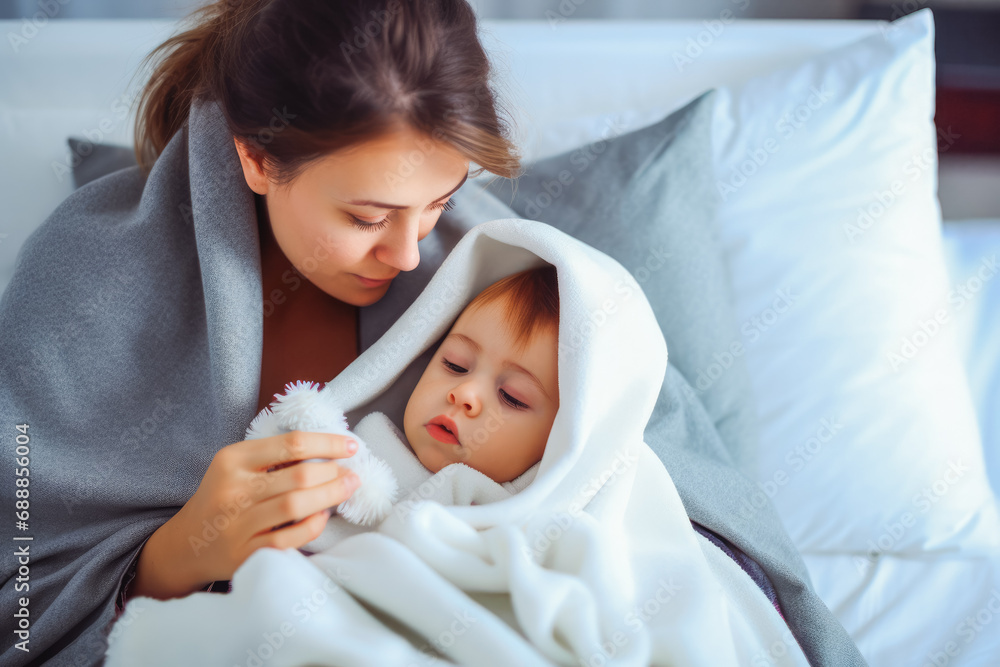 Worried mother giving pill to her ill kid. Sick child with high fever laying in bed and taking a medicine. Daughter having cold in bed. Worried mother giving pill to her ill kid. Sick child with high fever laying in bed and taking a medicine. Daughter having cold in bed.