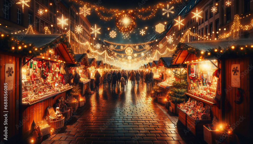 Christmas market at night street and holiday lights. Christmas shopping. Christmas market at night street and holiday lights. Christmas shopping.
