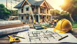 Construction house. Repair work. Drawings for building and yellow helmet on the background of a construction site.