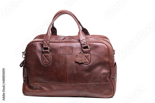 Large leather bag close-up. On a white background.