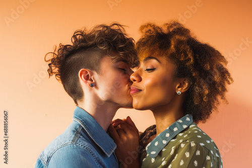 Portrait of Homosexual women holding hands, kissing, flirting in romantic way, mixed race. Intimate moment. Equality. Date. Valentine's day.